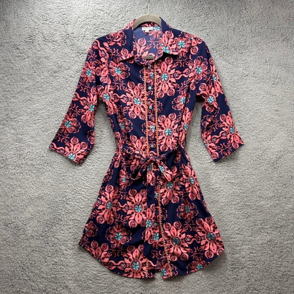 ModaPosa XS Floral Beaded Shirt Dress Belt Resort Coastal Beach Tropical Casual
